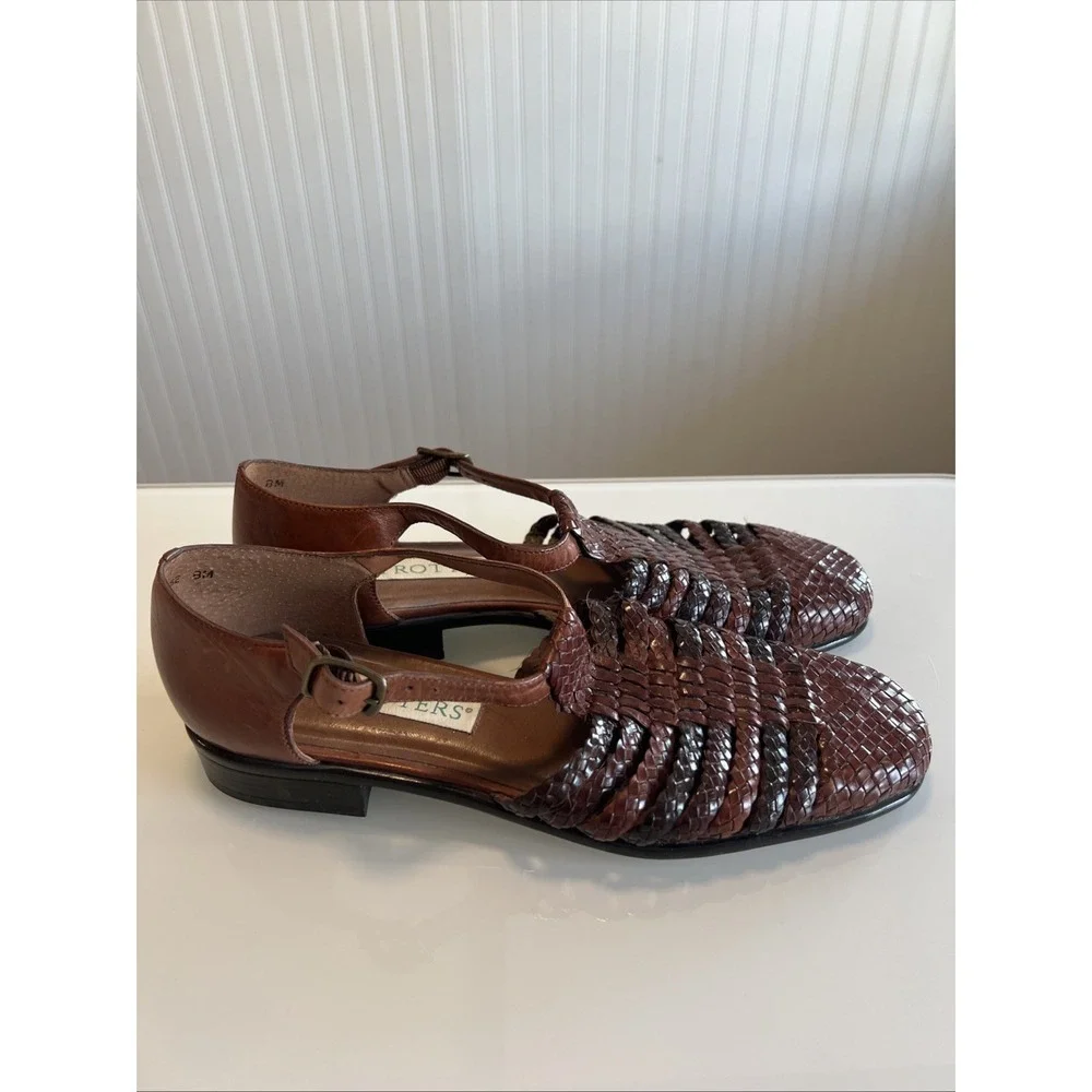 Trotters Woven Leather T-Strap Women' Shoes 8M Brown  Boho Preppy Ankle Strap